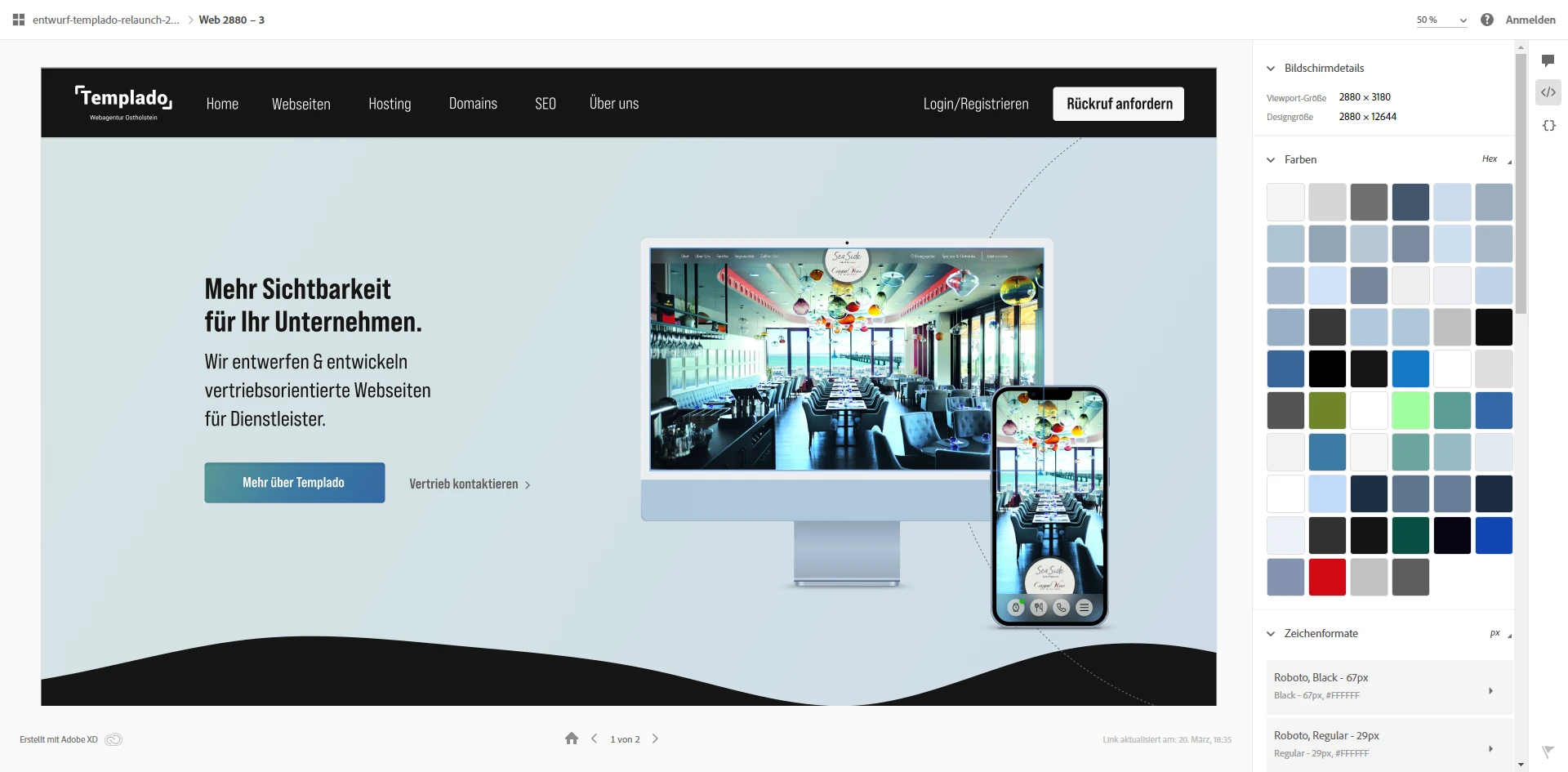 AdobeXD Ansicht der Vorlage zu Templado.de